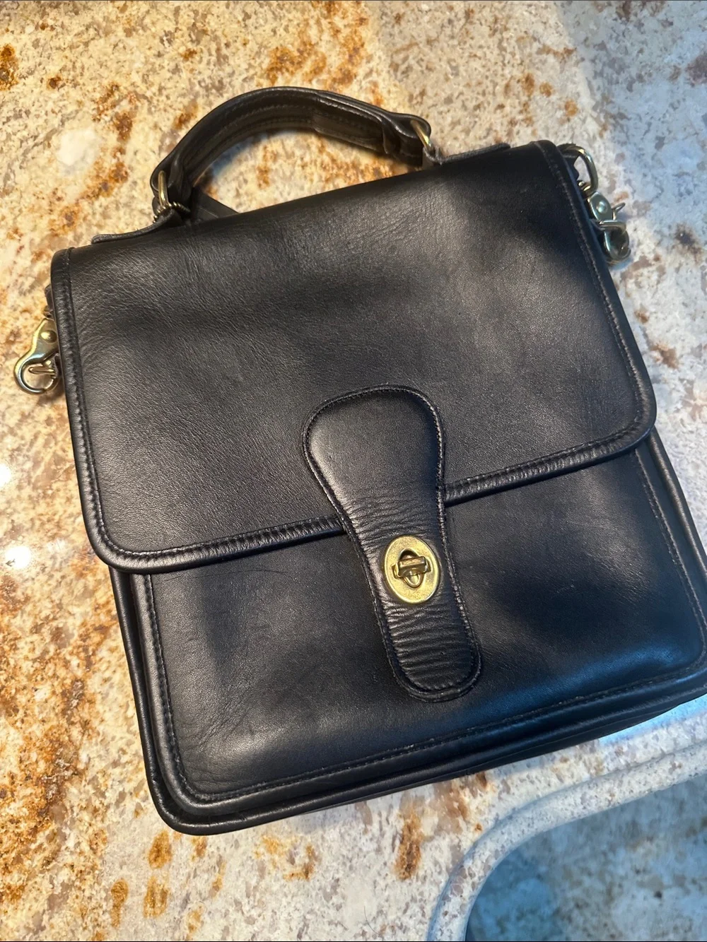 Coach Black Leather Shoulder Satchel with Gold-Tone Turnlock